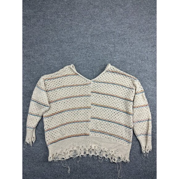 BKE Deconstructed Sweater Women's Large Beige Open Knit Fringe Western Pullover - Picture 7 of 7